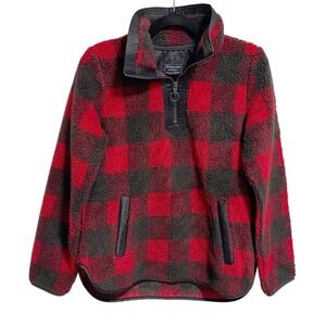 Abercrombie Fitch Red Black Buffalo Plaid‎ Fleece 1/4 Zip Pockets XS